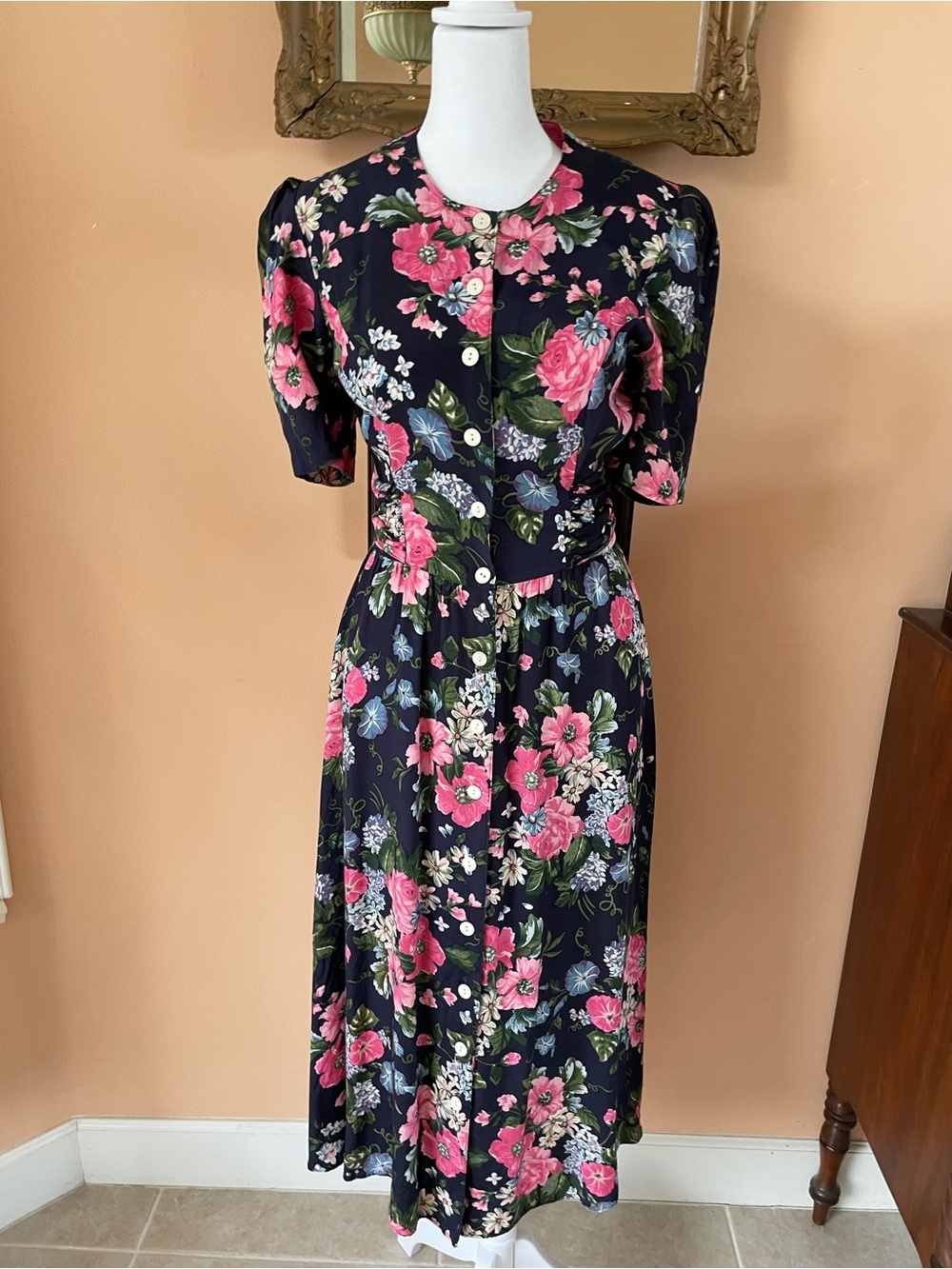 Johnathan Martin Vintage 80s Black Poly Button Front Back Tie Midi Dress Sm